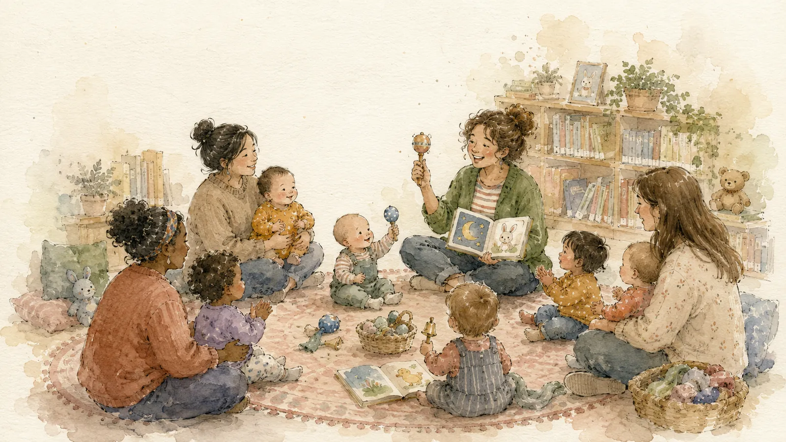 Babies and toddlers with parents enjoying rhyme session