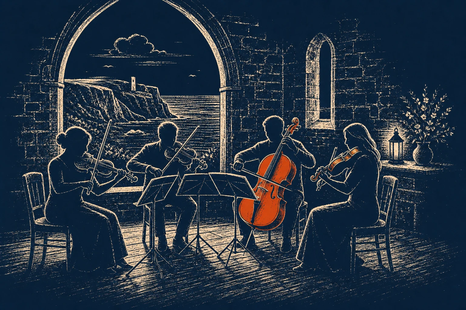 String quartet performing in a walled garden at dusk