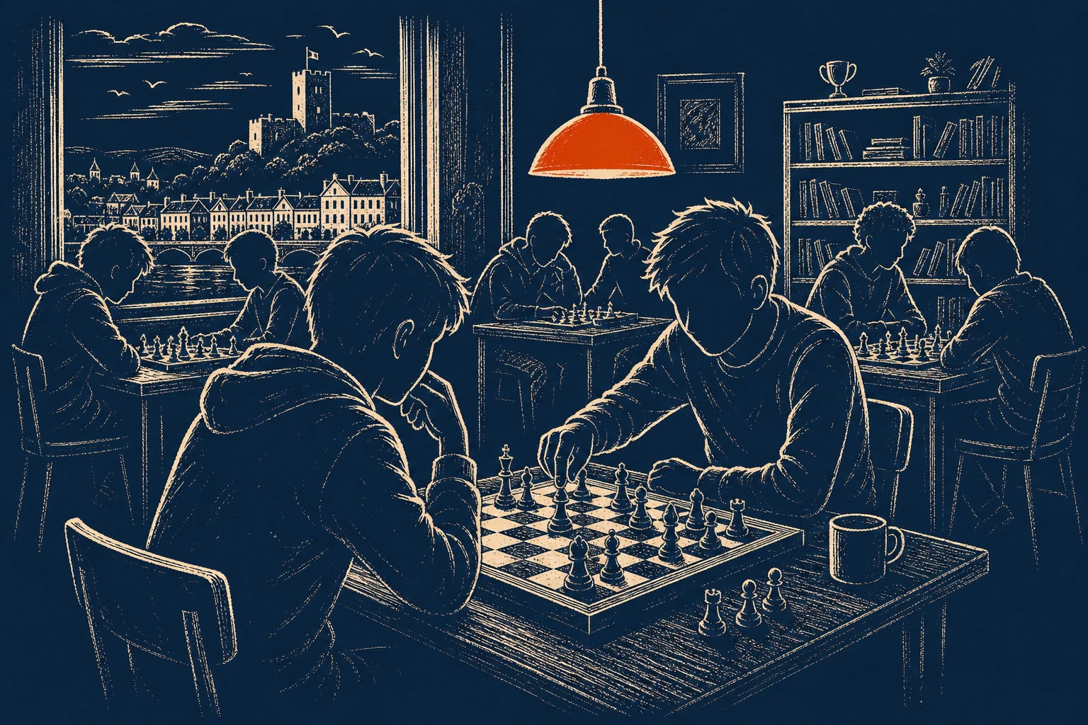 Chess pieces set up on a board