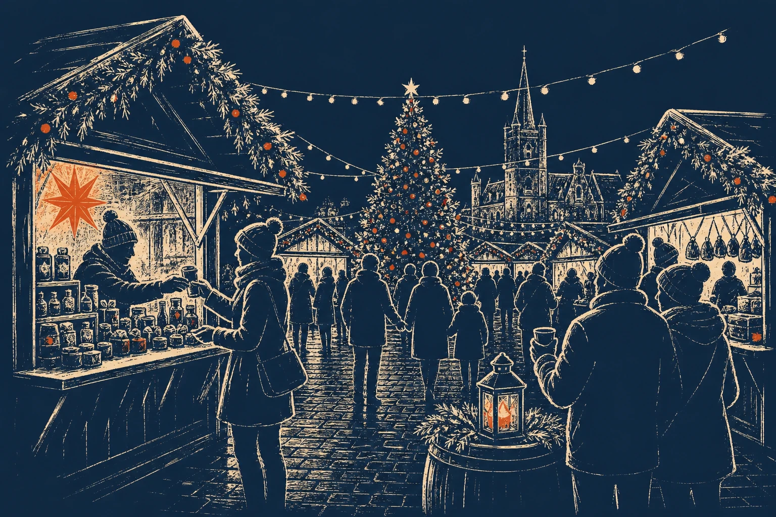 Wooden market huts and festive lights on The Parade in Kilkenny city