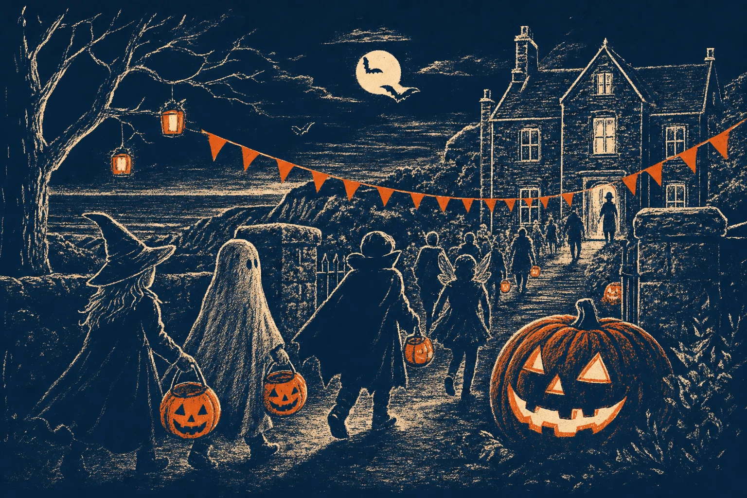 Halloween fireworks and lantern-lit crowds at a community Halloween event