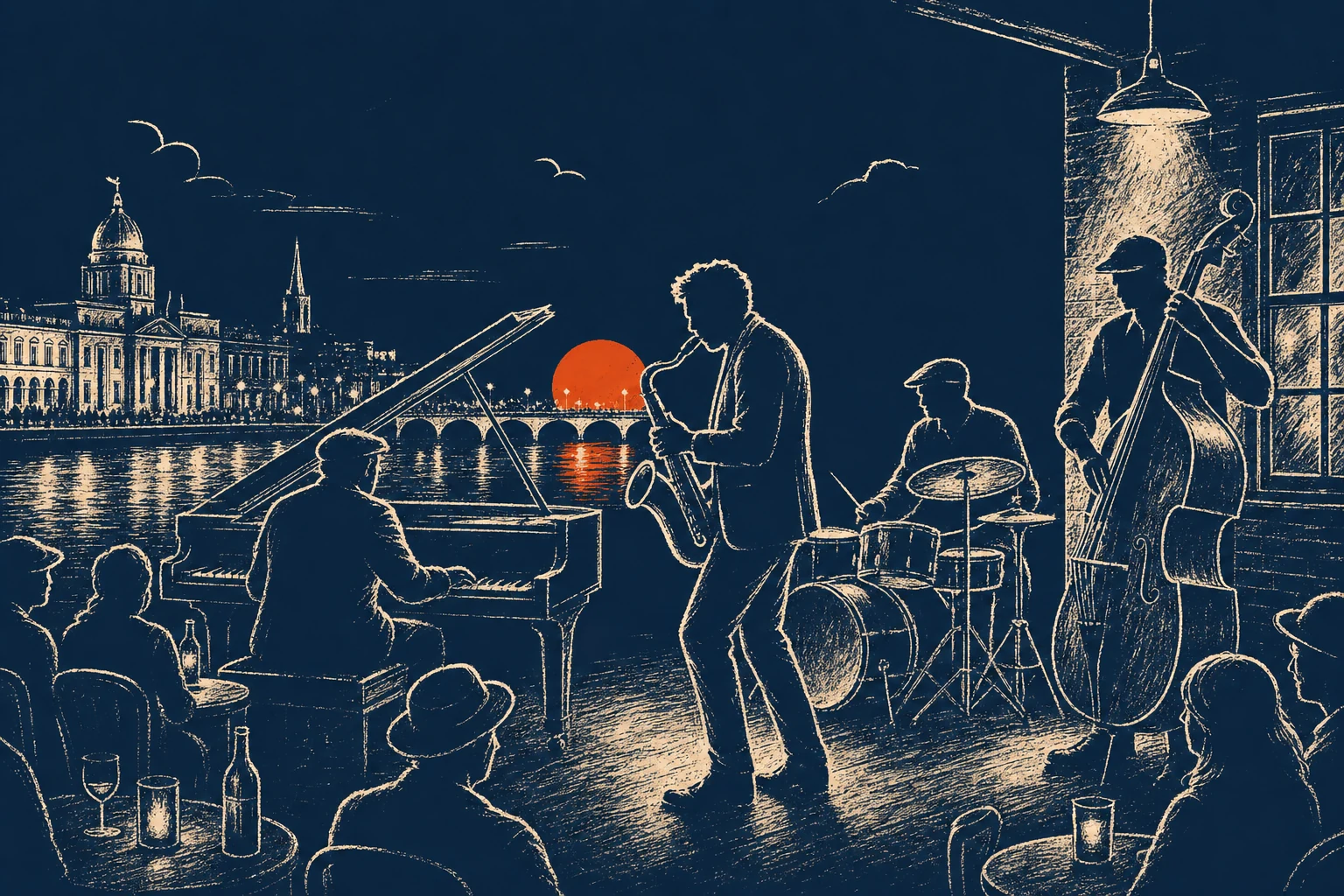 A jazz trio performing in an intimate upstairs bar setting