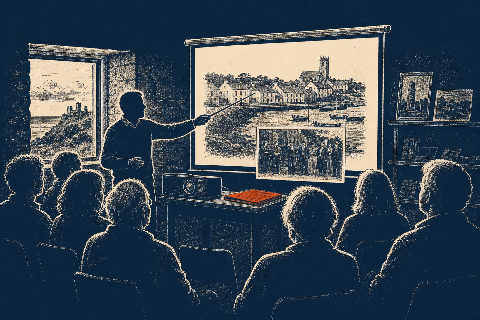 A historian giving a talk to an audience inside the Museum of Free Derry