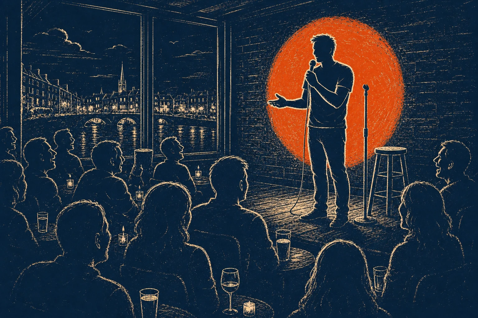 Stand-up comedian performing on stage with a microphone