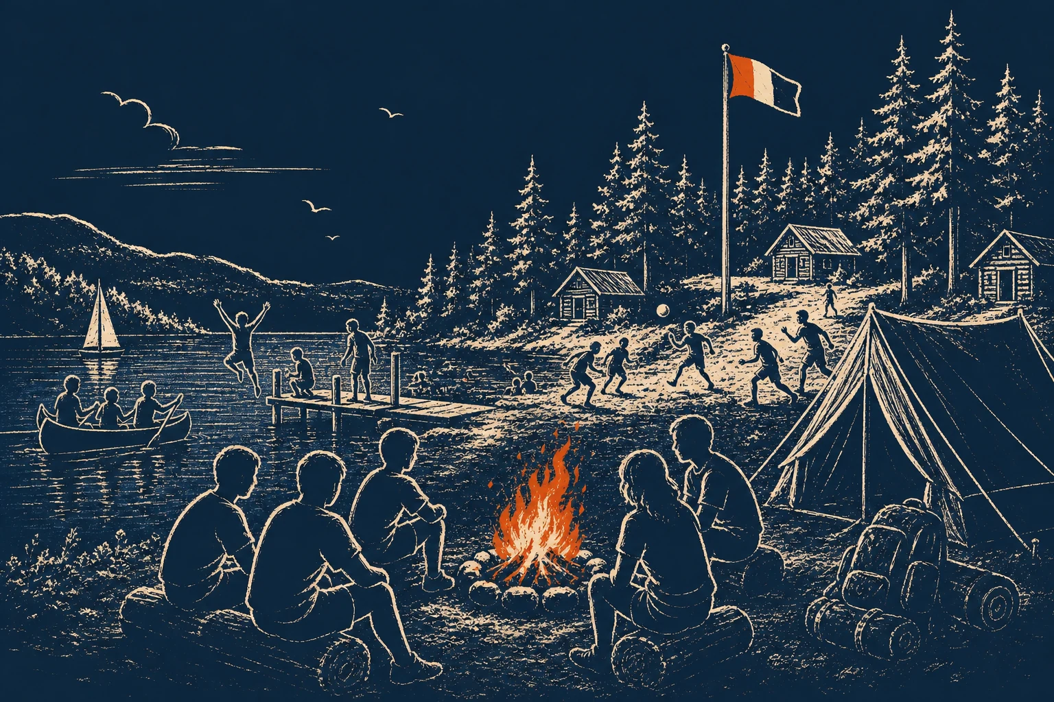 A group of pre-teens taking part in team activities at a summer camp